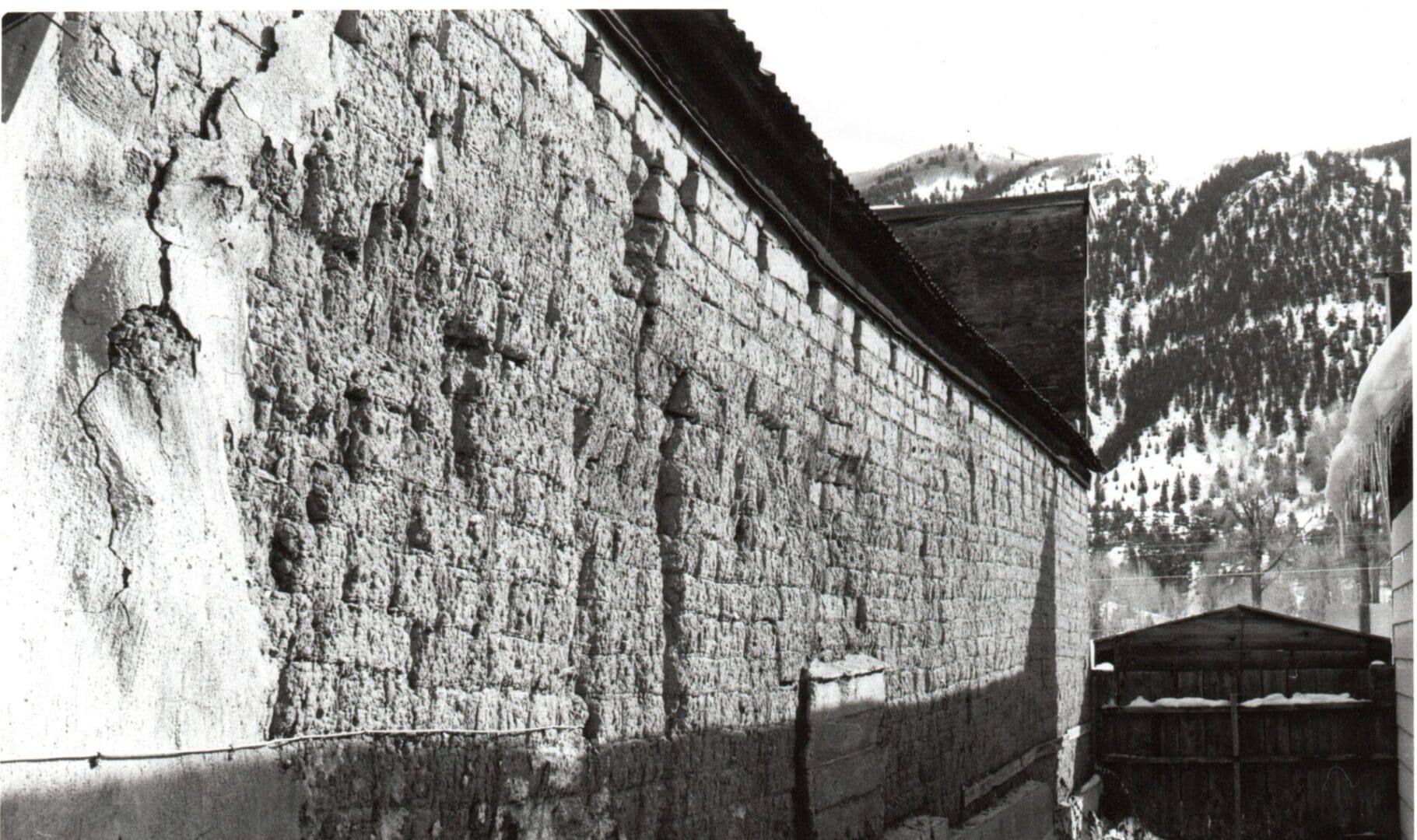 A black and white photo of a brick wall.