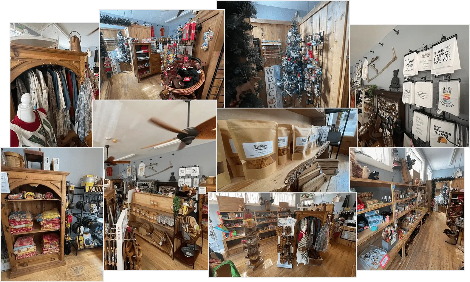 Collage of images showing the interior of a rustic gift shop with shelves of clothing, food items, home decor, souvenirs, and accessories arranged on wooden displays.