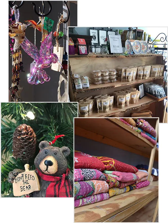 A collage showing glass ornaments, shelves with packaged goods, a bear figurine holding a "Don't Feed The Bear" sign, and a stack of colorful folded quilts.